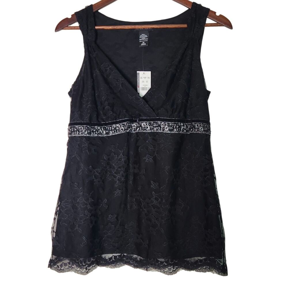 New York & Co NWT Babydoll Y2K Lace Tank Top M Black Beaded WhimsiGoth Witchy